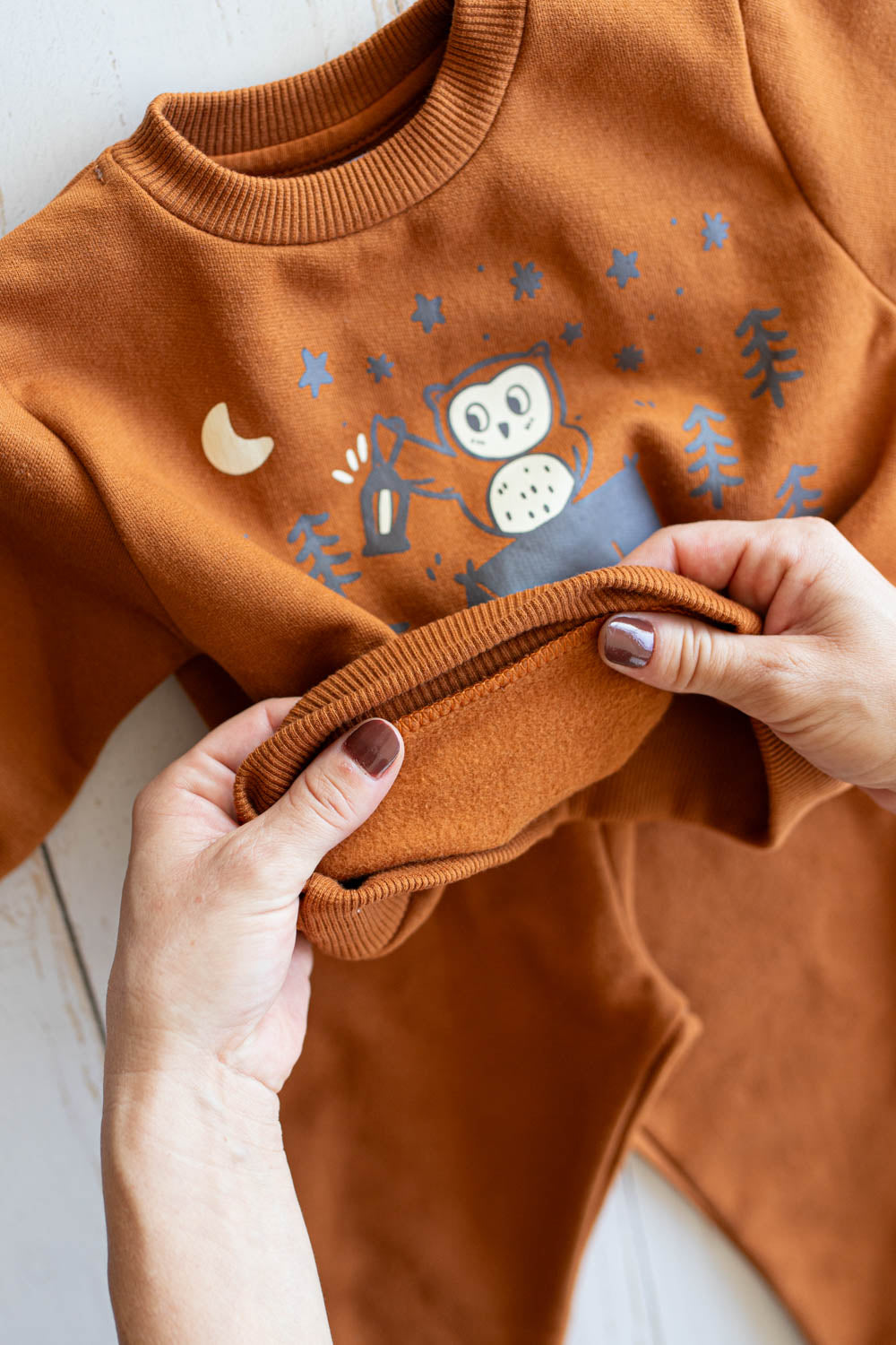 Conjunto Moletom Peluciado Coruja Castanha