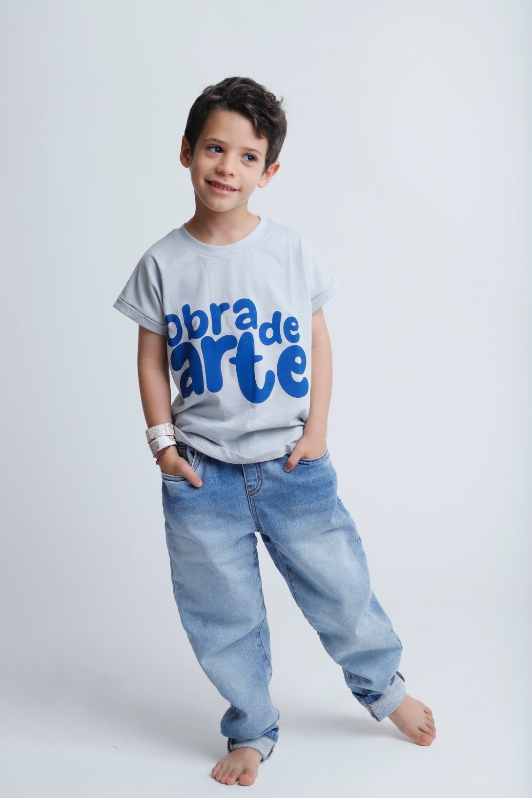 Camiseta Infantil Cinza "Obra de arte" Camiseta Studio Pipoca