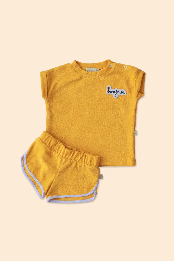 Conjunto Bebê Short + Camiseta Atoalhado Mostarda Roupas para bebês e crianças Studio Pipoca