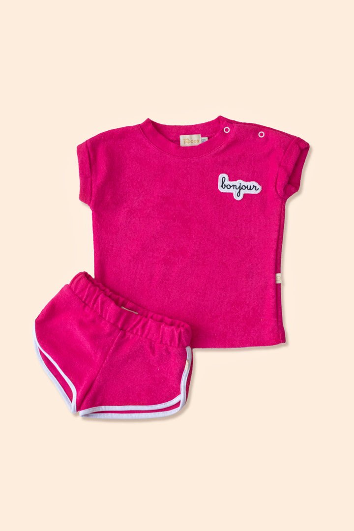 Conjunto Bebê Short + Camiseta Atoalhado Rosa Roupas para bebês e crianças Studio Pipoca