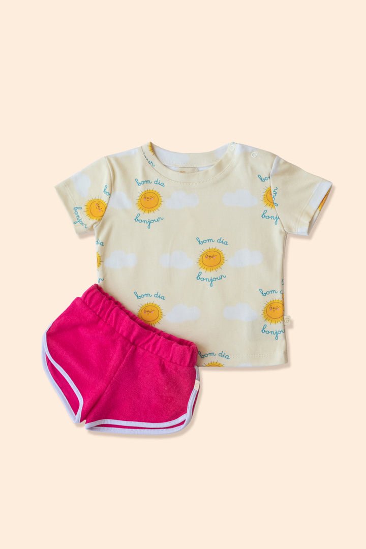 Conjunto Bebê Short Rosa + Camiseta Amarela Roupas para bebês e crianças Studio Pipoca