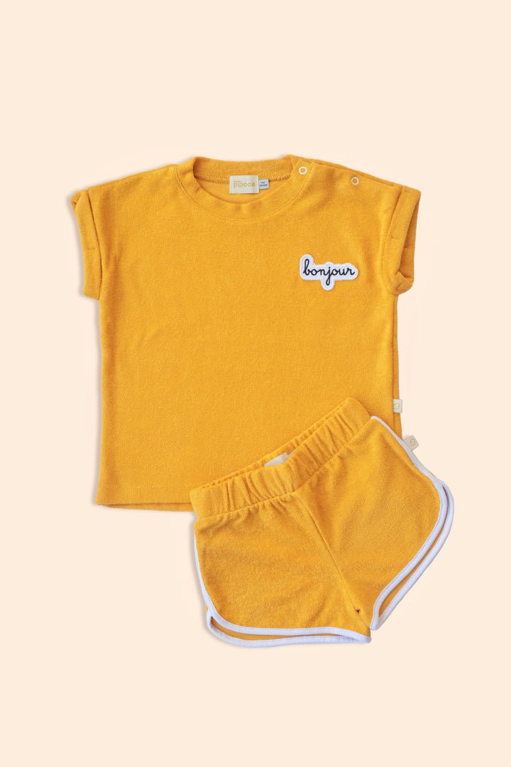 Conjunto Infantil Short + Camiseta Atoalhado Mostarda Roupas para bebês e crianças Studio Pipoca